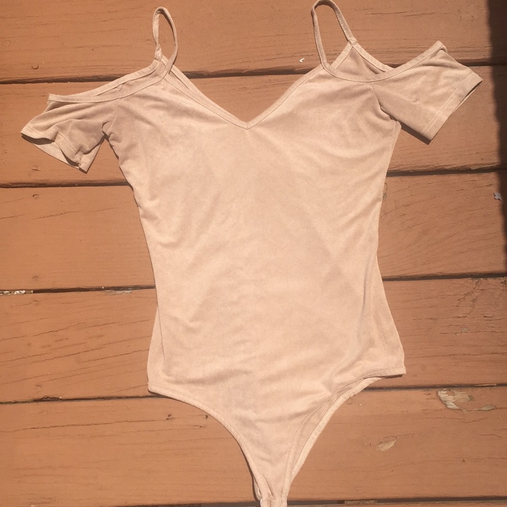 Nude suede off the shoulder body suit